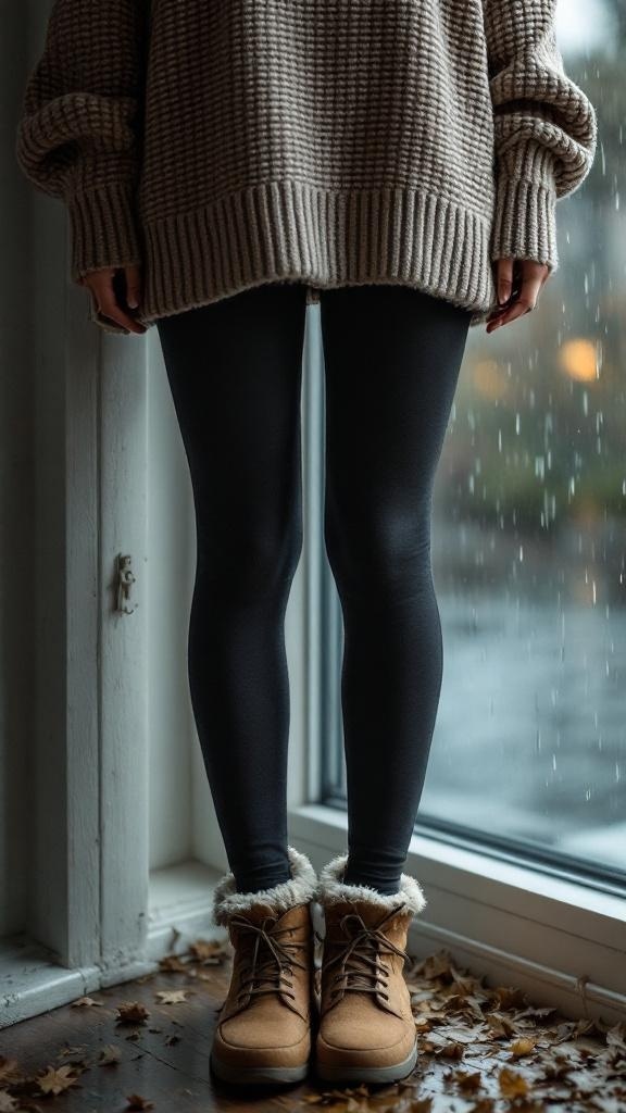 A person wearing fleece-lined leggings and an oversized sweater, standing by a window with rain outside.