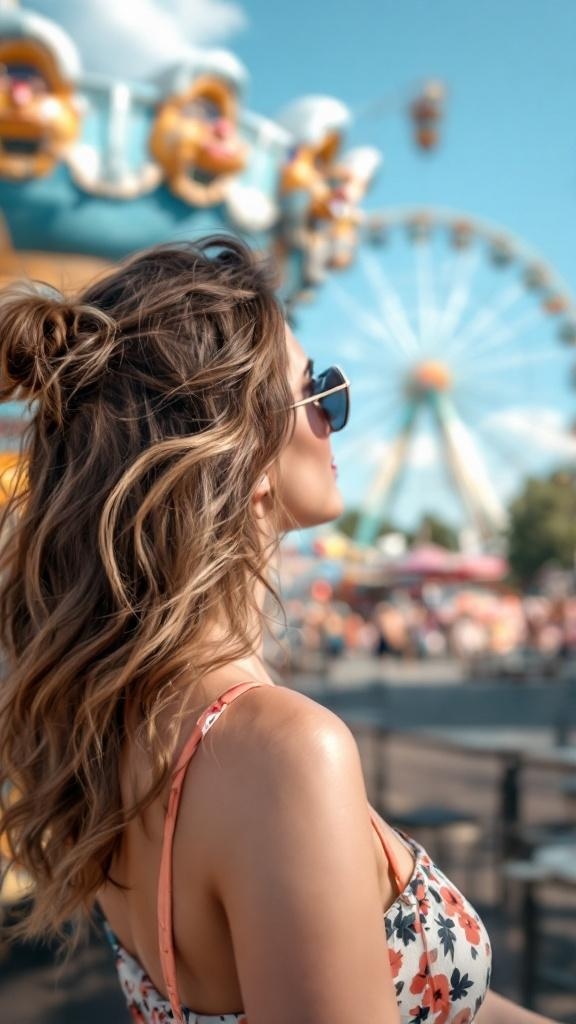 A woman with layered waves enjoying a day out, wearing sunglasses and a floral top.