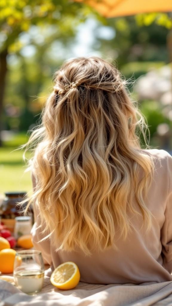 A woman with medium-length layered waves, styled half-up, enjoying a sunny day outdoors.