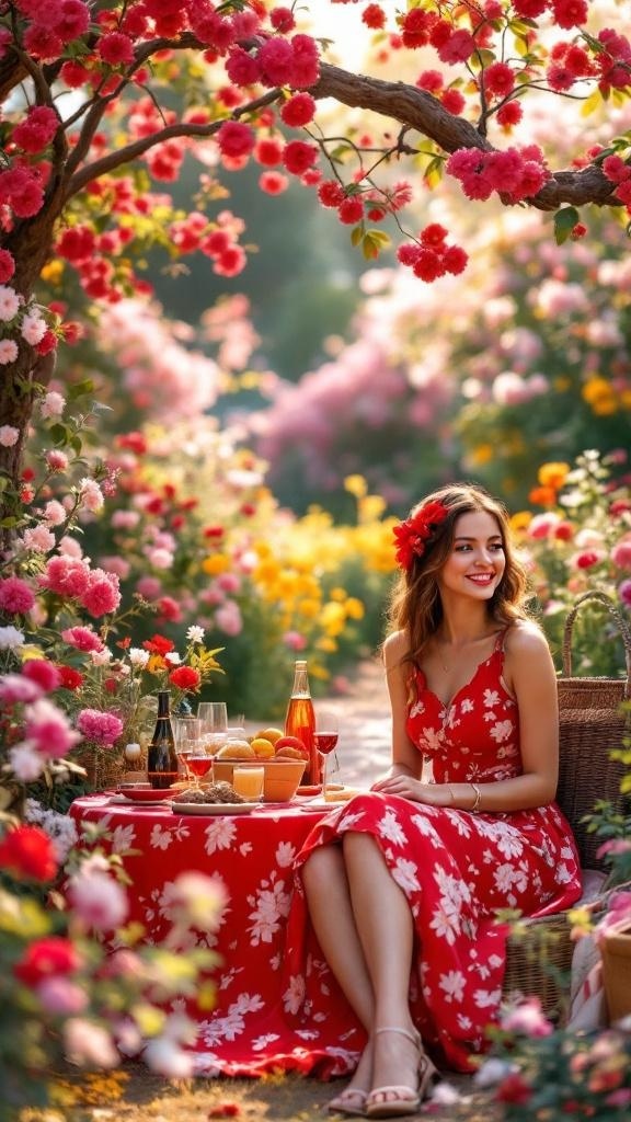 A woman in a red floral dress sitting at a picnic table surrounded by flowers, smiling and enjoying a spring day.