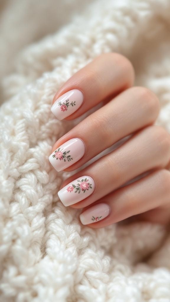 Short nails with floral designs on a neutral background