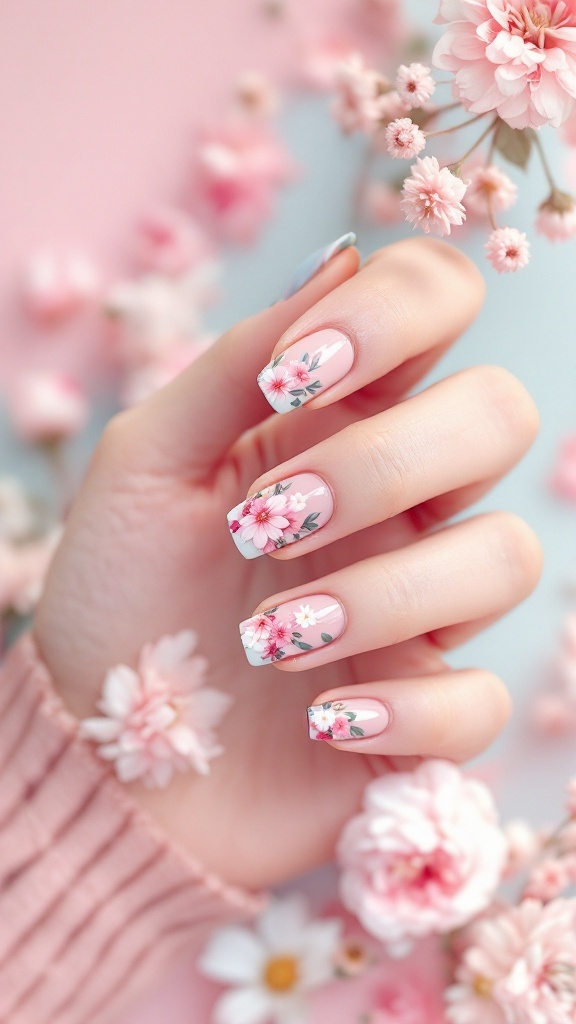 Hand with floral designed French tip nails and pink flowers around