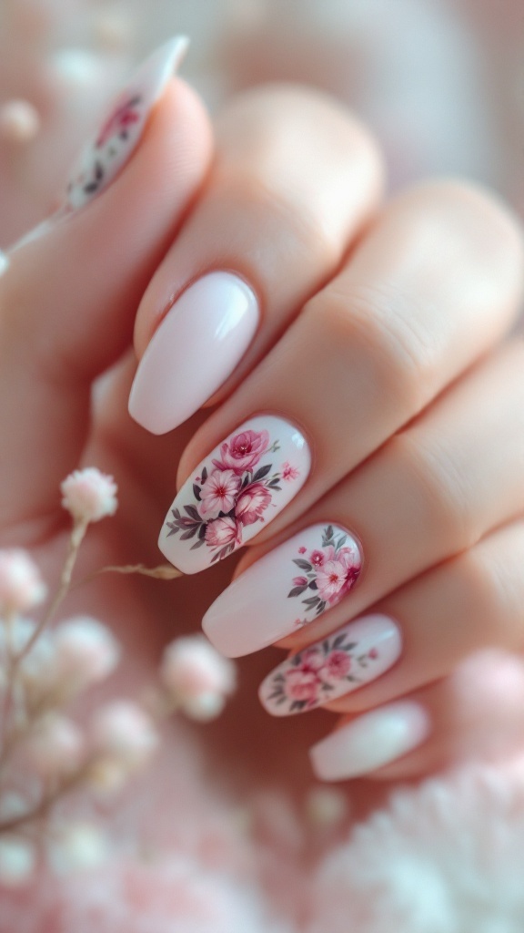 Nail design featuring floral patterns in pastel hues with soft pink and white colors.