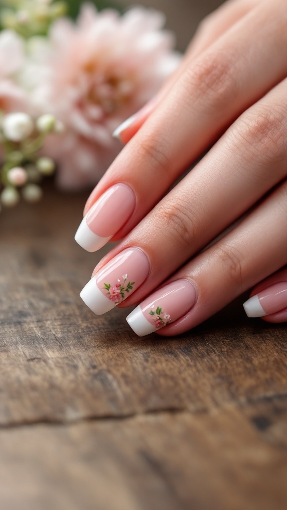 Close-up of a hand with floral French tip nail design on a wooden surface, with flowers in the background.