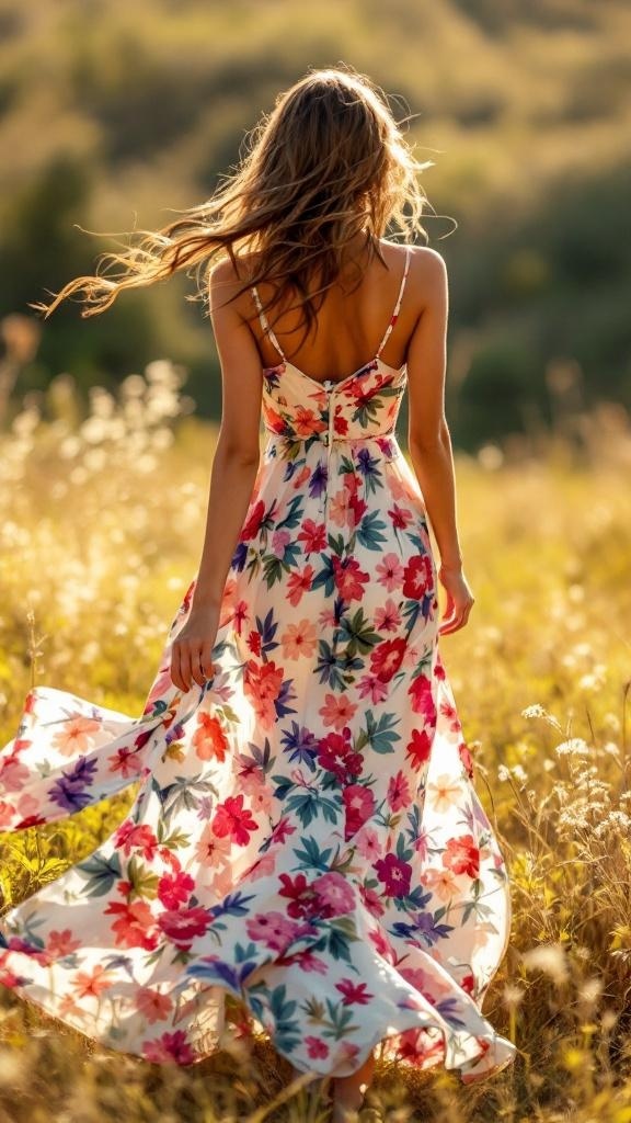 A woman wearing a floral maxi dress, walking through a field with her hair flowing in the wind.