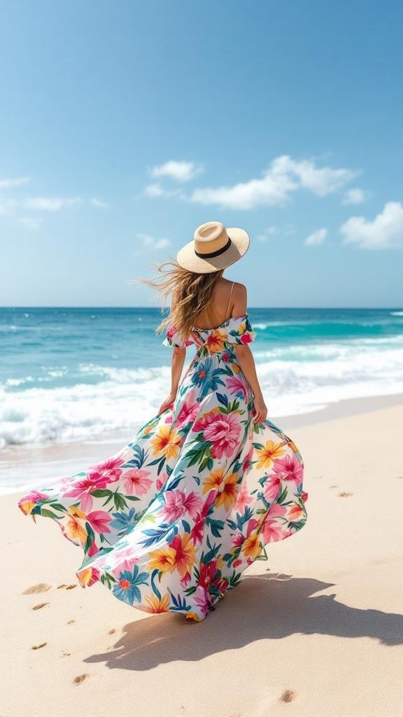 A woman wearing a floral maxi dress and a straw hat walking on the beach