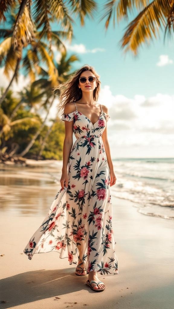 A woman in a floral maxi dress and flip flops walking on the beach