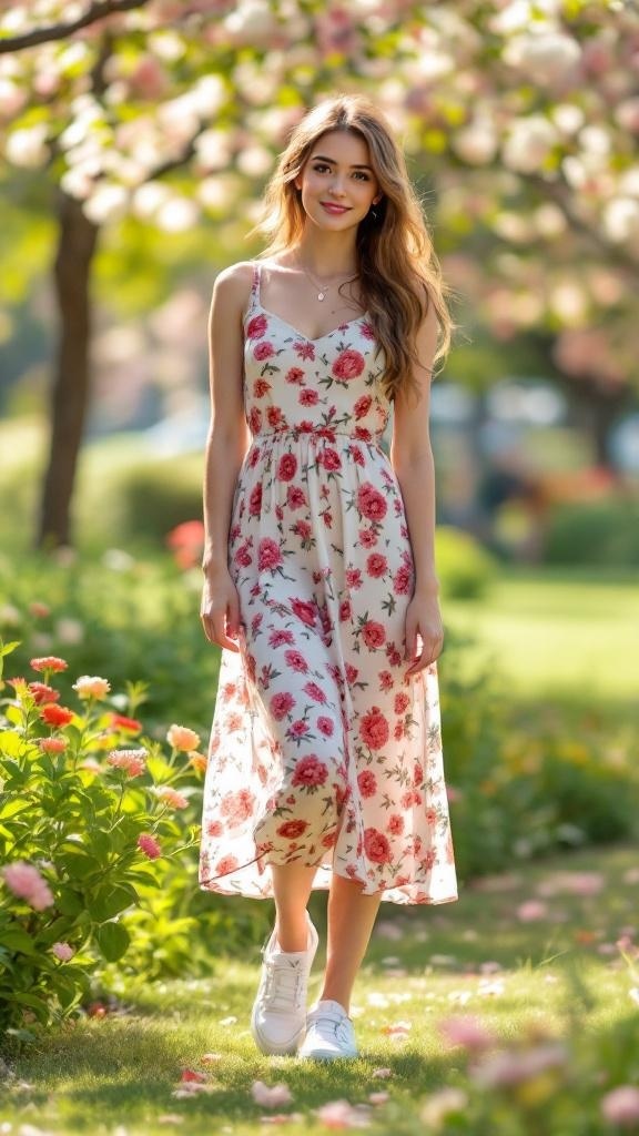 A woman wearing a floral midi dress and white sneakers walking in a garden.