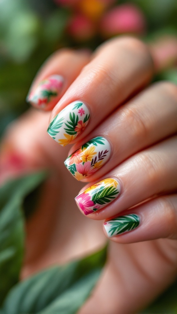 Colorful floral nail design featuring pink, yellow, and orange flowers with green leaves
