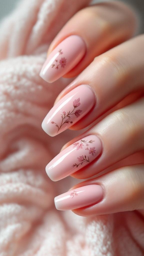 Floral pink nail art featuring delicate flower designs on a soft pink background.