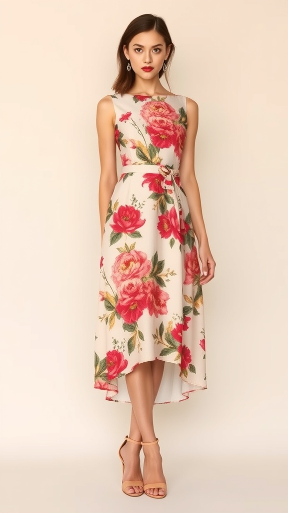A floral print midi dress with roses in shades of pink and red, set in a garden.
