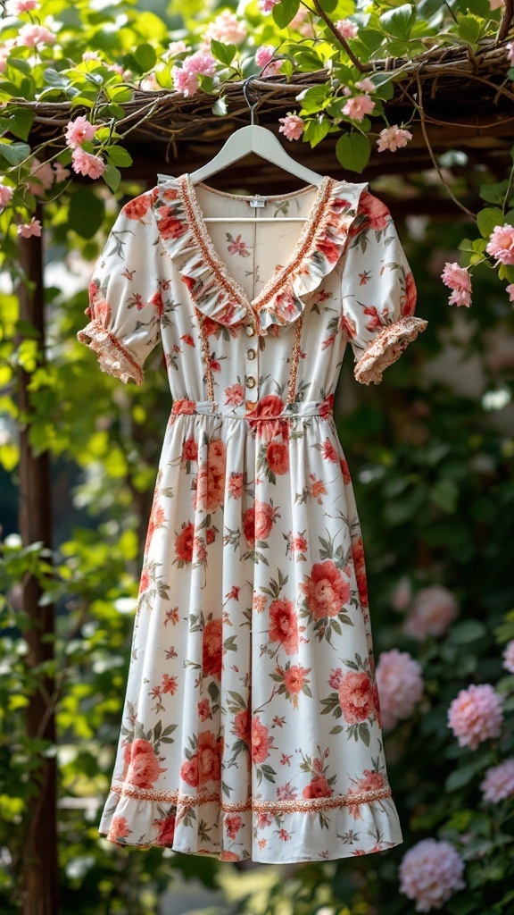 A floral dress hanging on a wooden rack, surrounded by greenery and pink flowers.