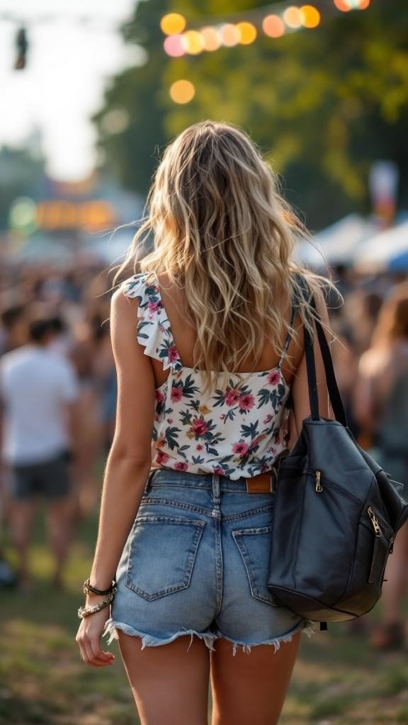 A person wearing a floral sundress with denim cutoffs at a concert.