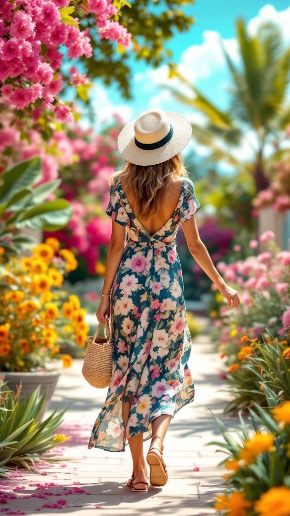 A woman walking on a path surrounded by blooming flowers, wearing a floral wrap dress and strappy sandals.