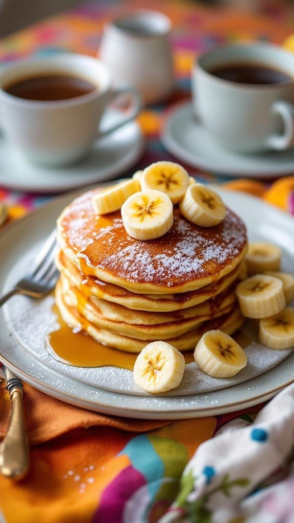 Fluffy banana pancakes topped with banana slices and syrup