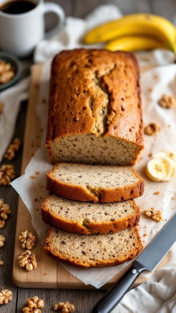 A loaf of fluffy whole wheat banana bread sliced on a wooden board with bananas and walnuts.