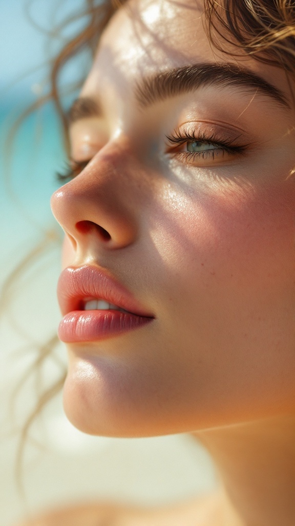 Model with flushed cheeks and natural makeup in a sunny setting