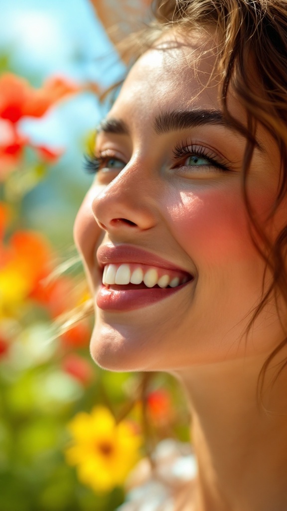 A woman smiling with flushed coral cheeks surrounded by flowers.