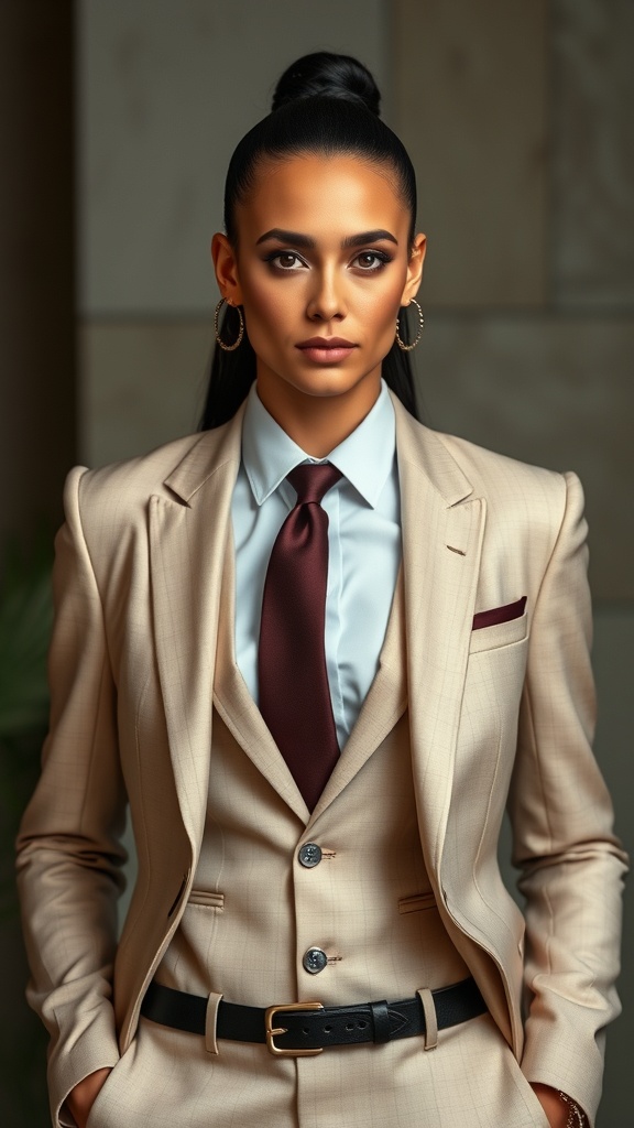 A formal navy suit with a white shirt and polka dot tie displayed on a mannequin.
