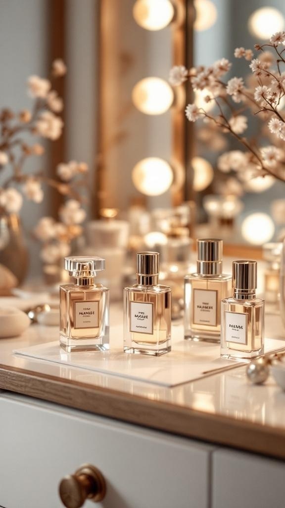 A collection of elegant perfume bottles displayed on a vanity with soft lighting.