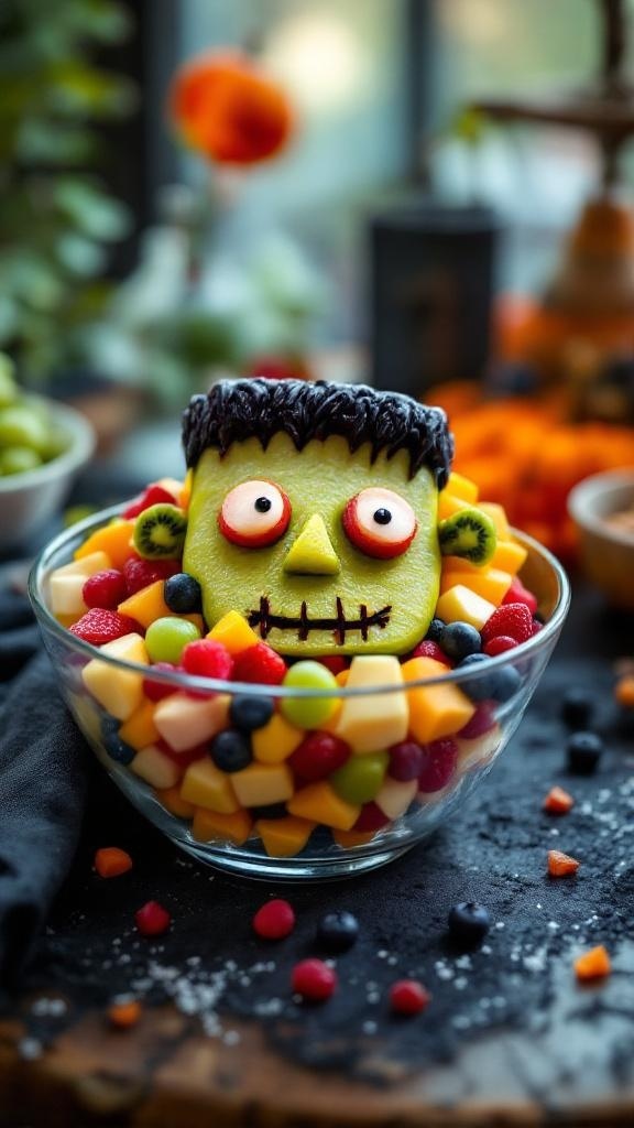 A colorful Frankenstein fruit salad with a melon face surrounded by various fruits.