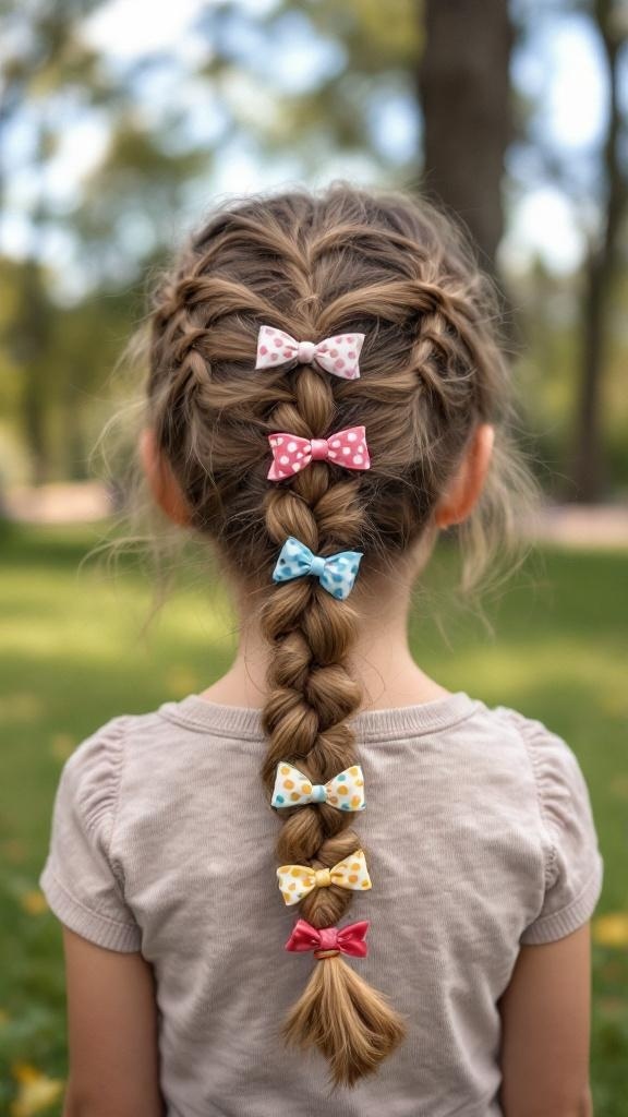 A young girl with a French braid adorned with colorful ribbons, showcasing a playful hairstyle.