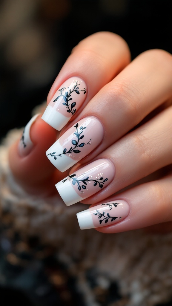 Nails with French tips and black floral designs on a soft pink base