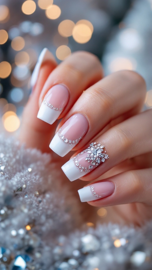 French tip nails with rhinestones on a hand, featuring a festive background