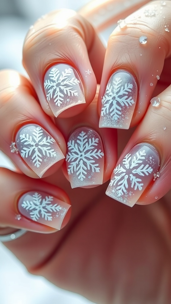 Nails with frosted blue gradient and white snowflake designs