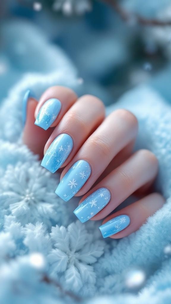 Ice blue nails with snowflake designs on a soft blue background
