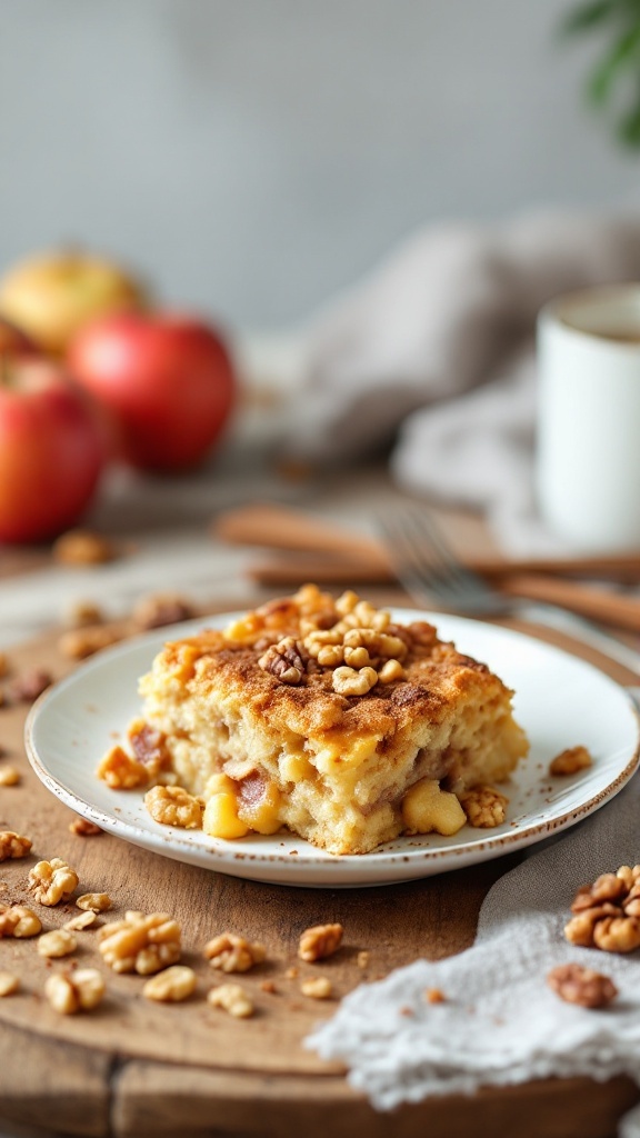 A slice of a baked dish topped with nuts and fruits on a plate.