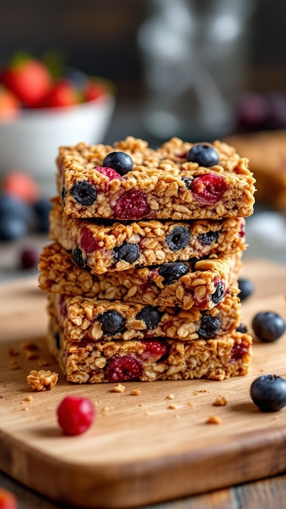 Delicious fruit and nut granola bars stacked on a wooden board