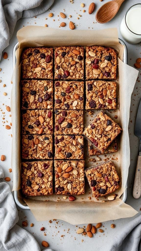 Homemade fruit and nut granola bars cut into squares, arranged in a baking dish.