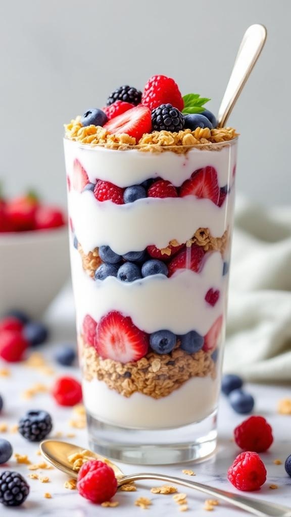 A colorful fruit and yogurt parfait in a glass, layered with yogurt, granola, and mixed berries.