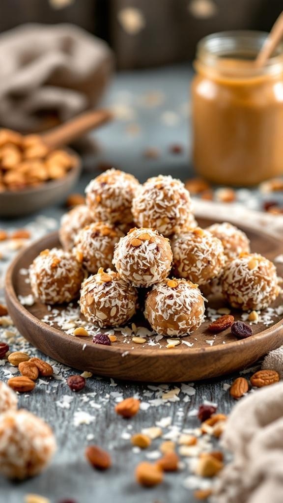 A plate of Fruity Almond Butter Energy Bites with nuts and coconut.