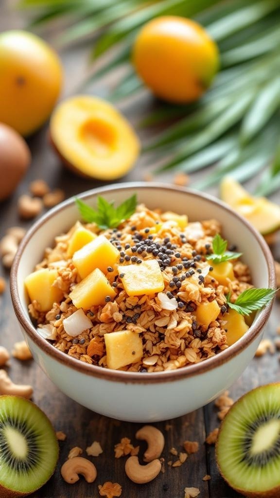 A bowl of tropical granola with coconut, topped with diced mango and surrounded by fresh fruits.