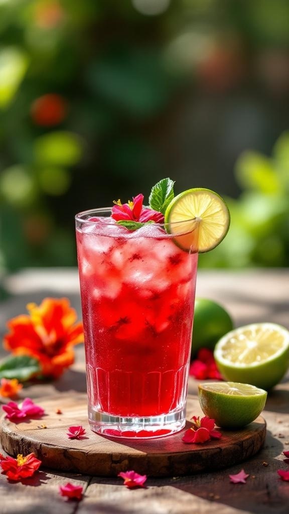 A refreshing glass of fruity hibiscus iced tea garnished with lime and flowers.