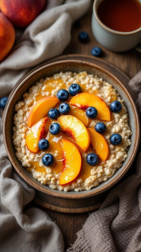 A bowl of fruity oatmeal topped with peach slices, blueberries, and a drizzle of honey.