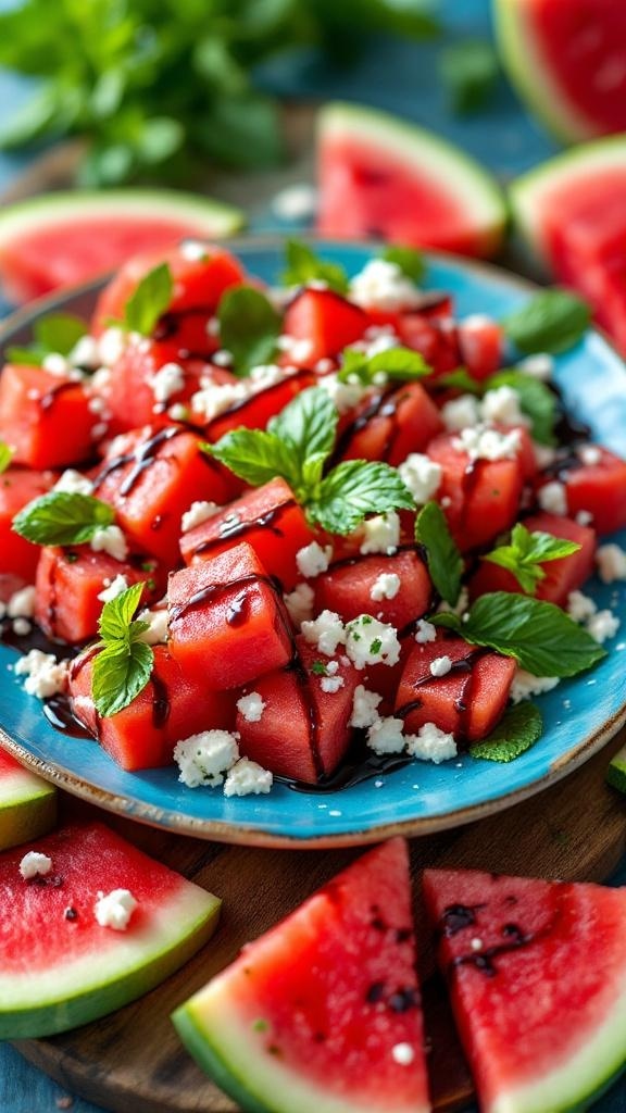A vibrant watermelon salad with feta cheese and mint, garnished with balsamic glaze.