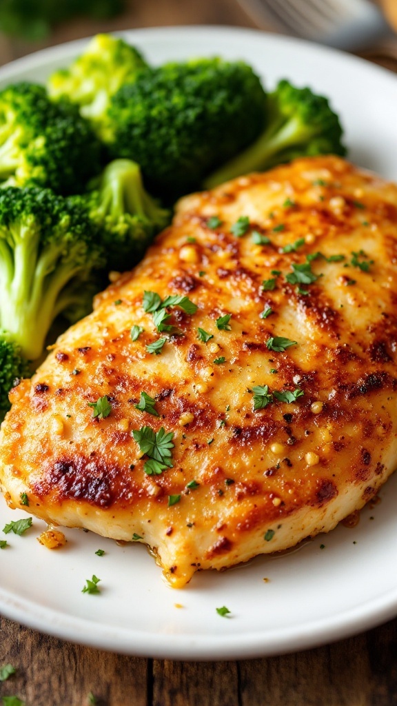 Delicious garlic butter chicken bites served with steamed broccoli.