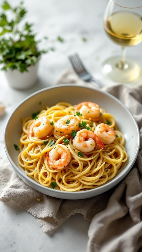 A bowl of garlic butter shrimp pasta garnished with parsley.