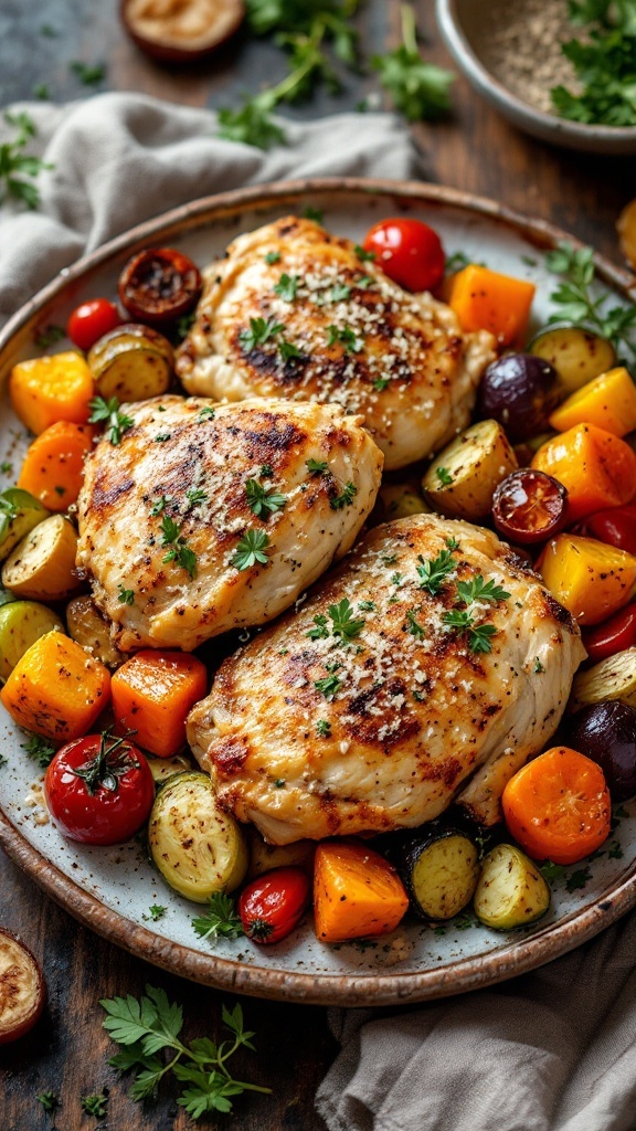 A plate of garlic Parmesan roasted chicken thighs surrounded by colorful roasted vegetables.