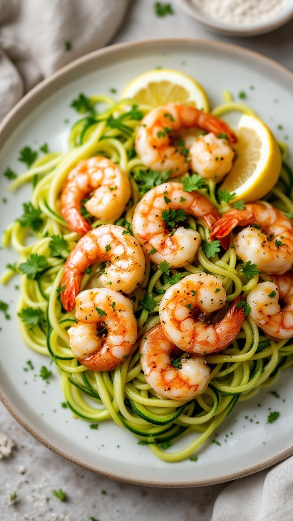 A plate of garlic shrimp served on zucchini noodles garnished with lemon and herbs.
