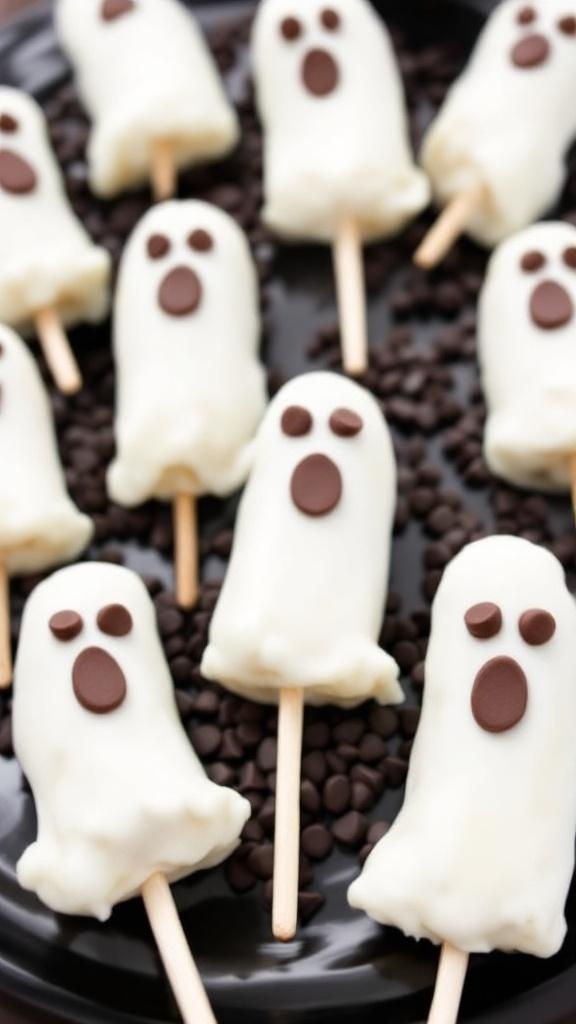 Ghostly Banana Pops decorated with chocolate chips to resemble ghosts.