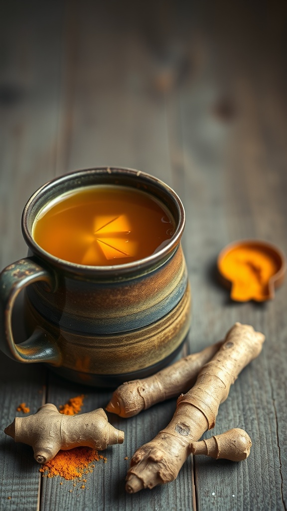 A cozy cup of ginger and turmeric tea with fresh roots and turmeric powder.