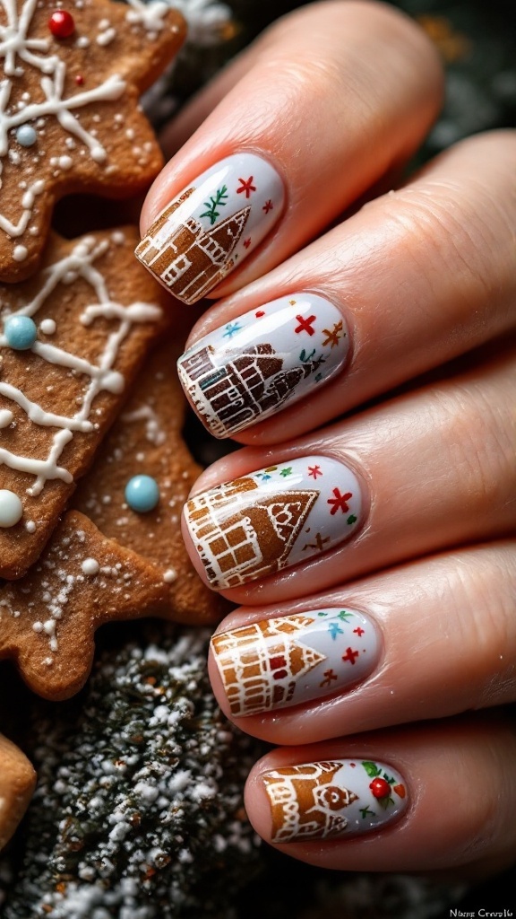 Nail art featuring gingerbread house designs on a light background