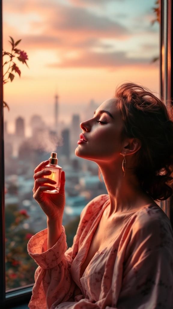 A woman holding a perfume bottle with a sunset city view in the background