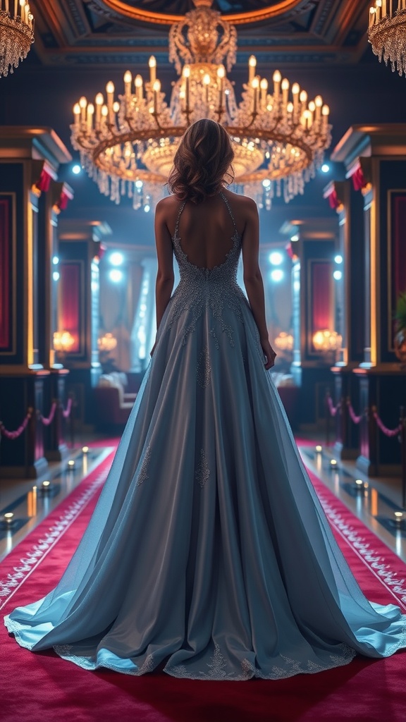 A glamorous evening gown displayed on a mannequin, featuring a soft pink color and intricate embellishments, set in an elegant venue.