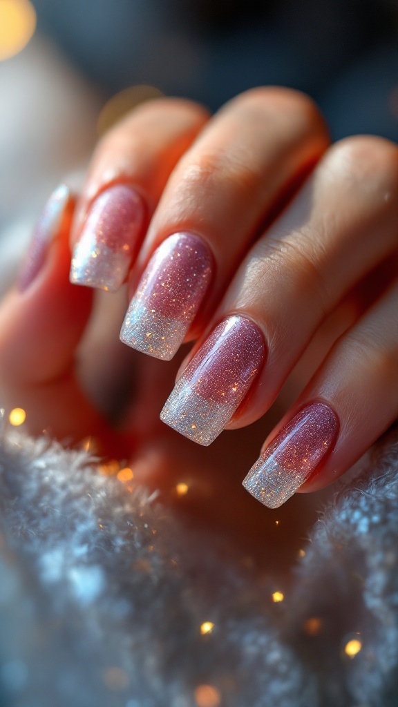 Close-up of a hand with glitter French tip nails on a soft, textured background
