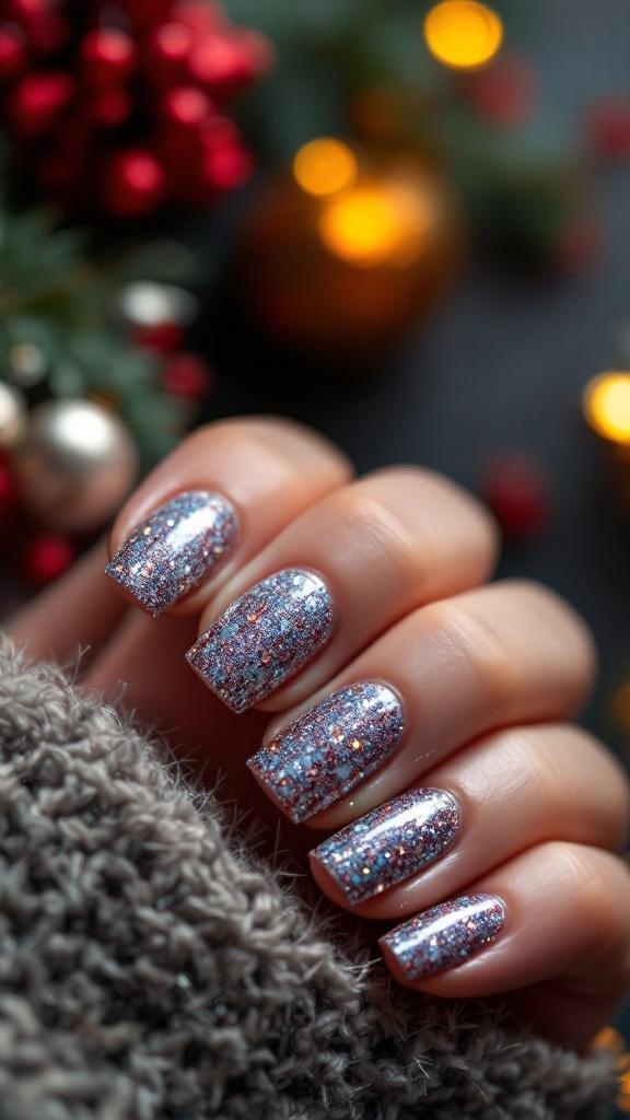 A close-up of glittery silver nails against a festive background with warm lights and holiday decorations
